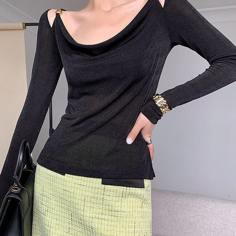 Sexy Swing Collar Cropped Tops Women Autumn Metal Design Skinny Long Sleeve T-Shirt Outwear