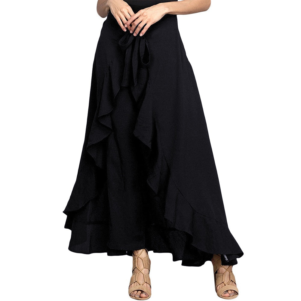 Women Pants Causal Ruffle Drawstring TrouserHigh Waist Loose Dancing Outfits Palazzo Skirt
