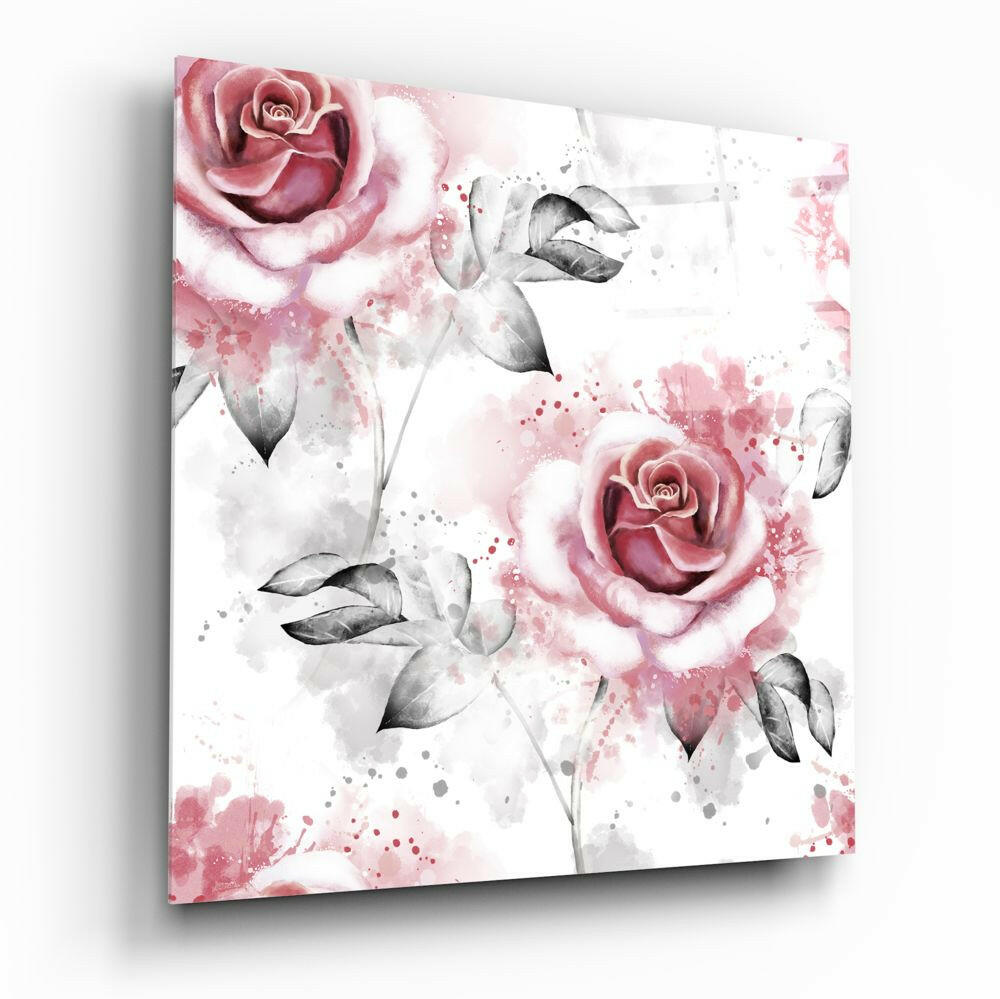 Watercolor Pink Roses Gray Leaves Glass Wall Art