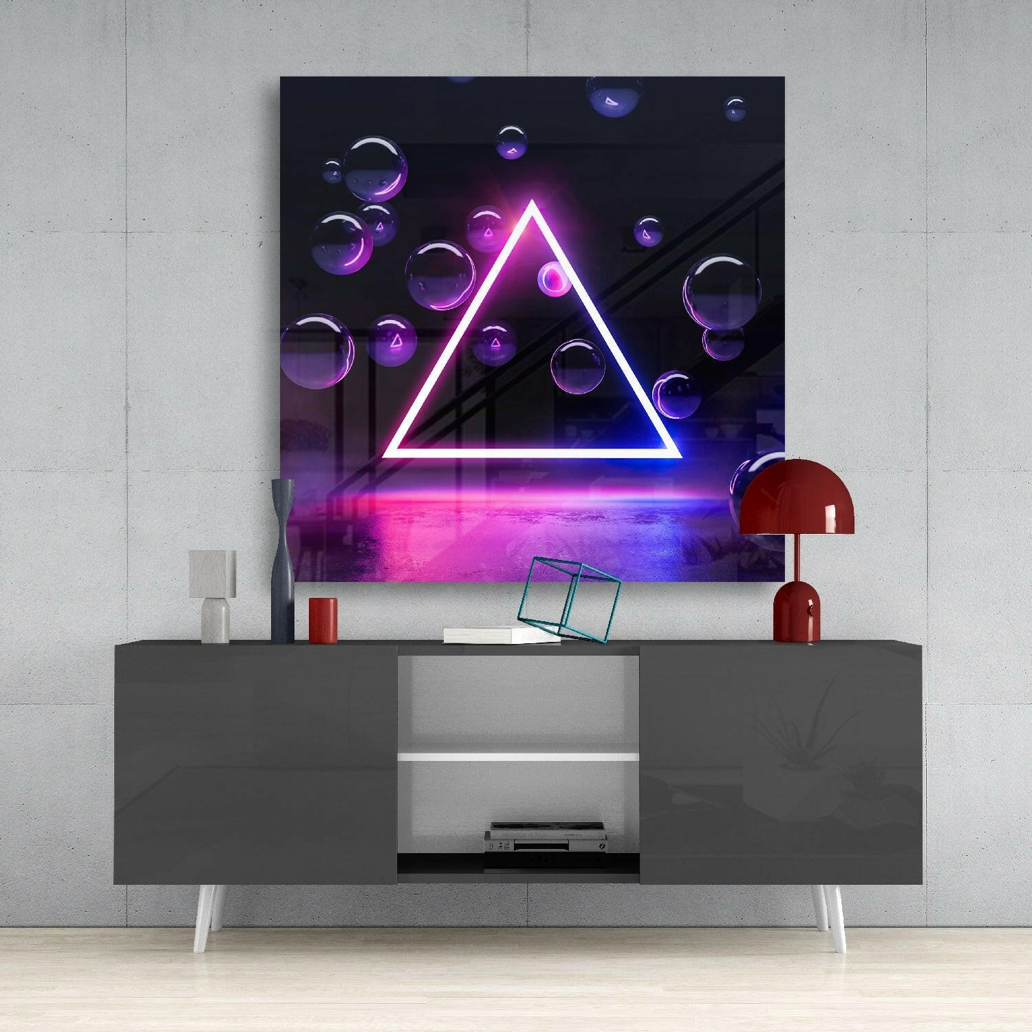 Neon Triangle Purple Spheres Glass Wall Art