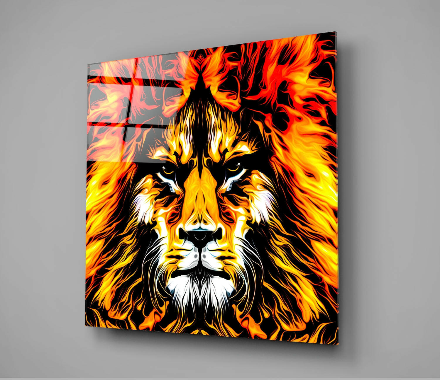 Fiery Flame Mane Lion Glass Wall Art