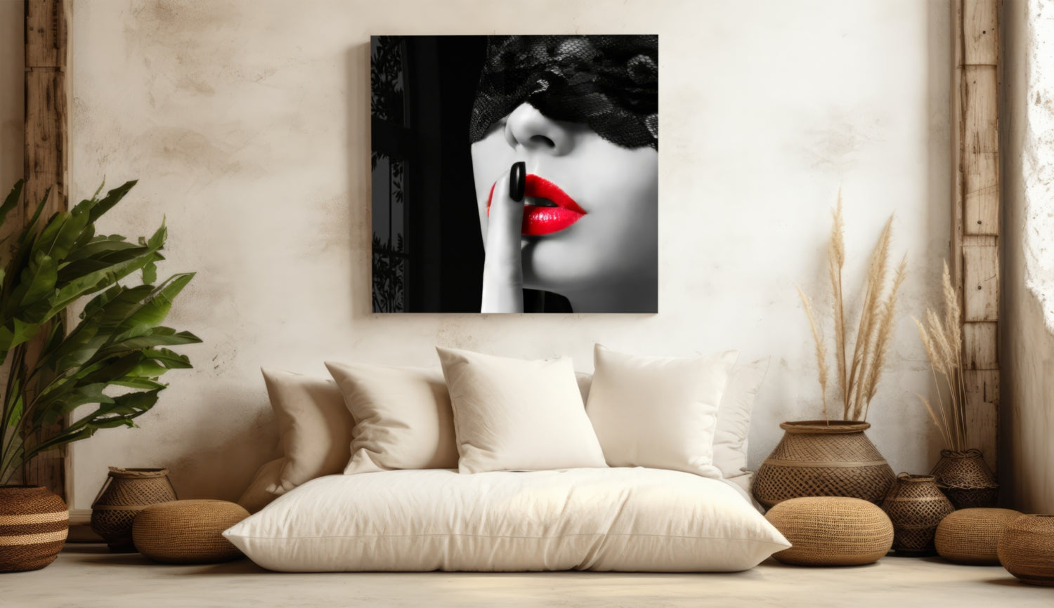 Black Lace Veil Red Lips Hush Glass Wall Art