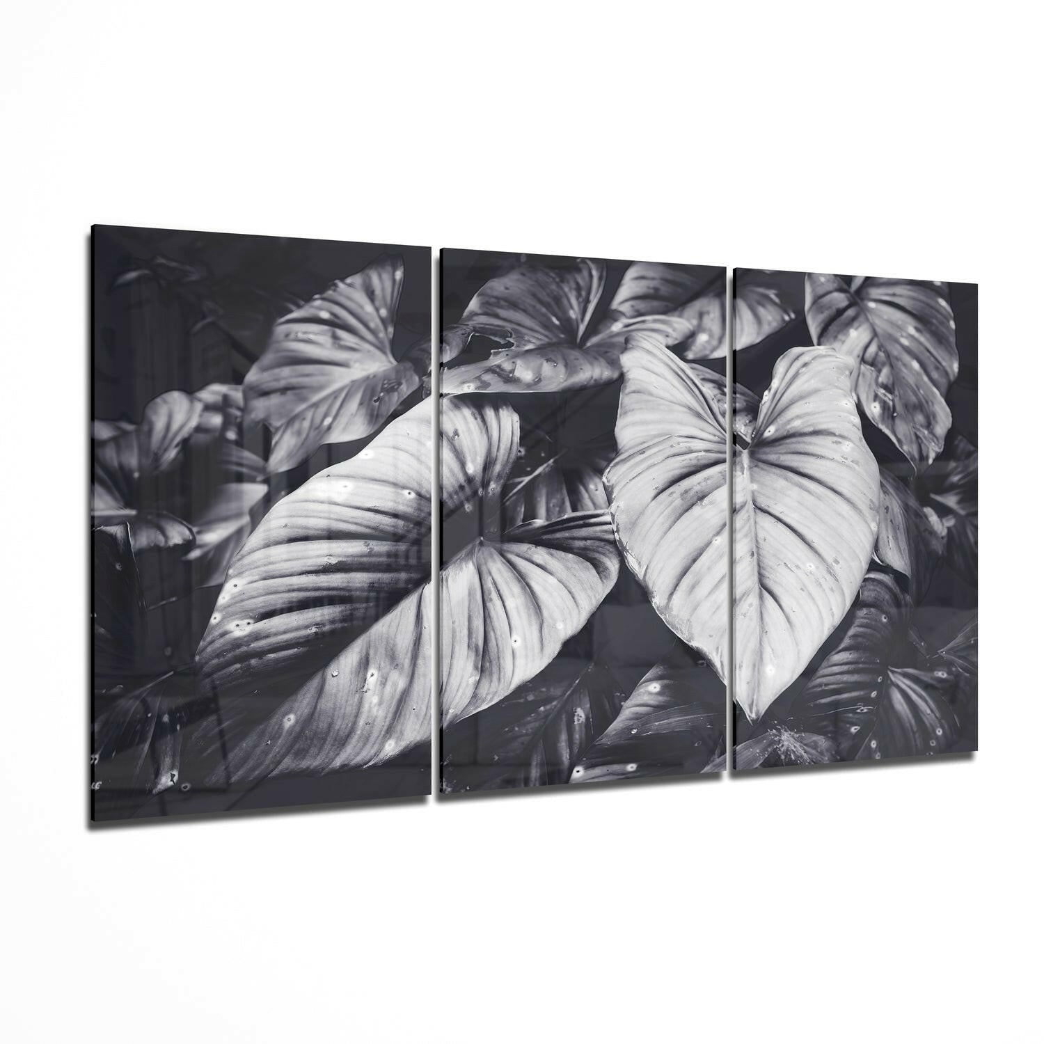 Black White Tropical Leaves Glass Wall Art