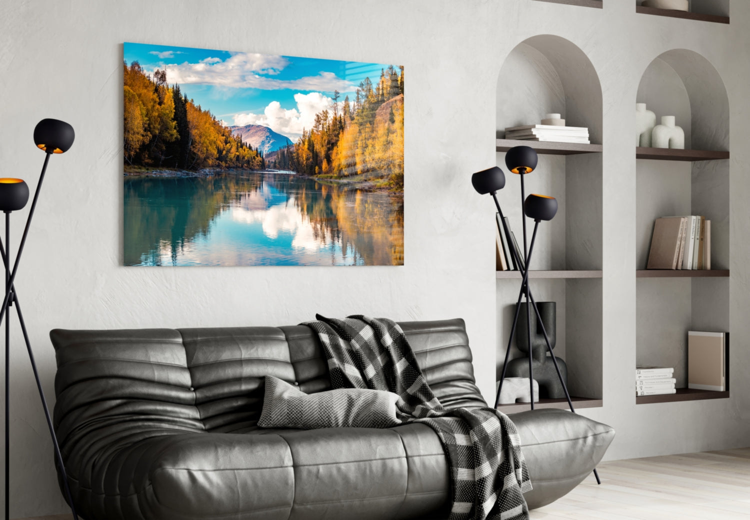 Autumn River Mountain Reflection Glass Wall Art