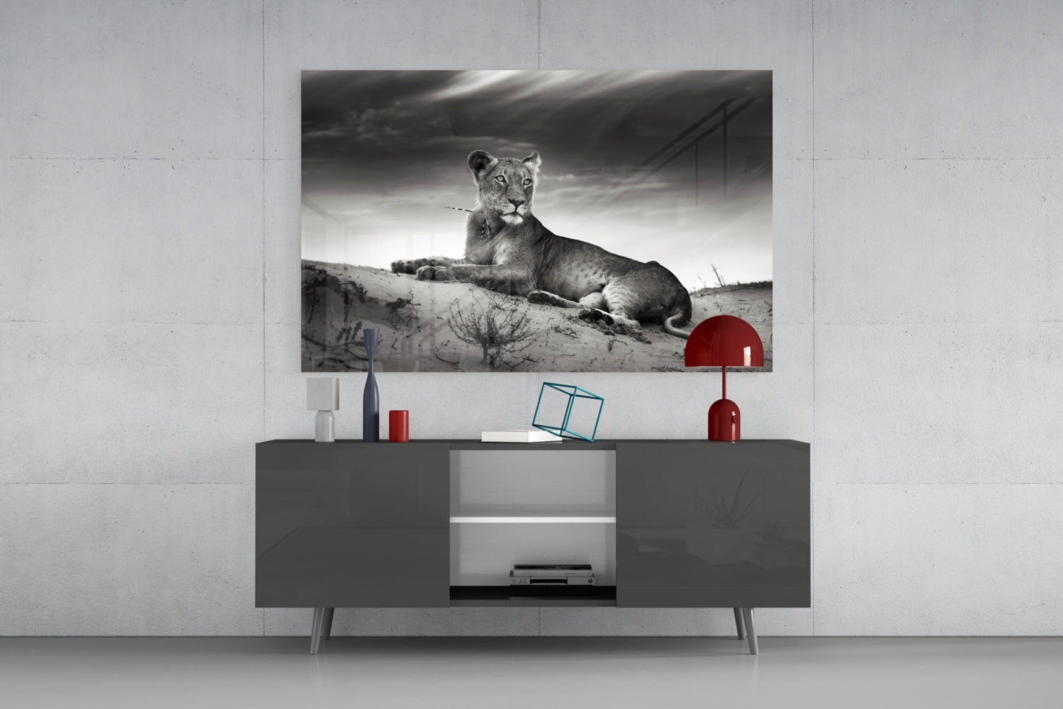 Black And White Lioness On Dune Glass Wall Art