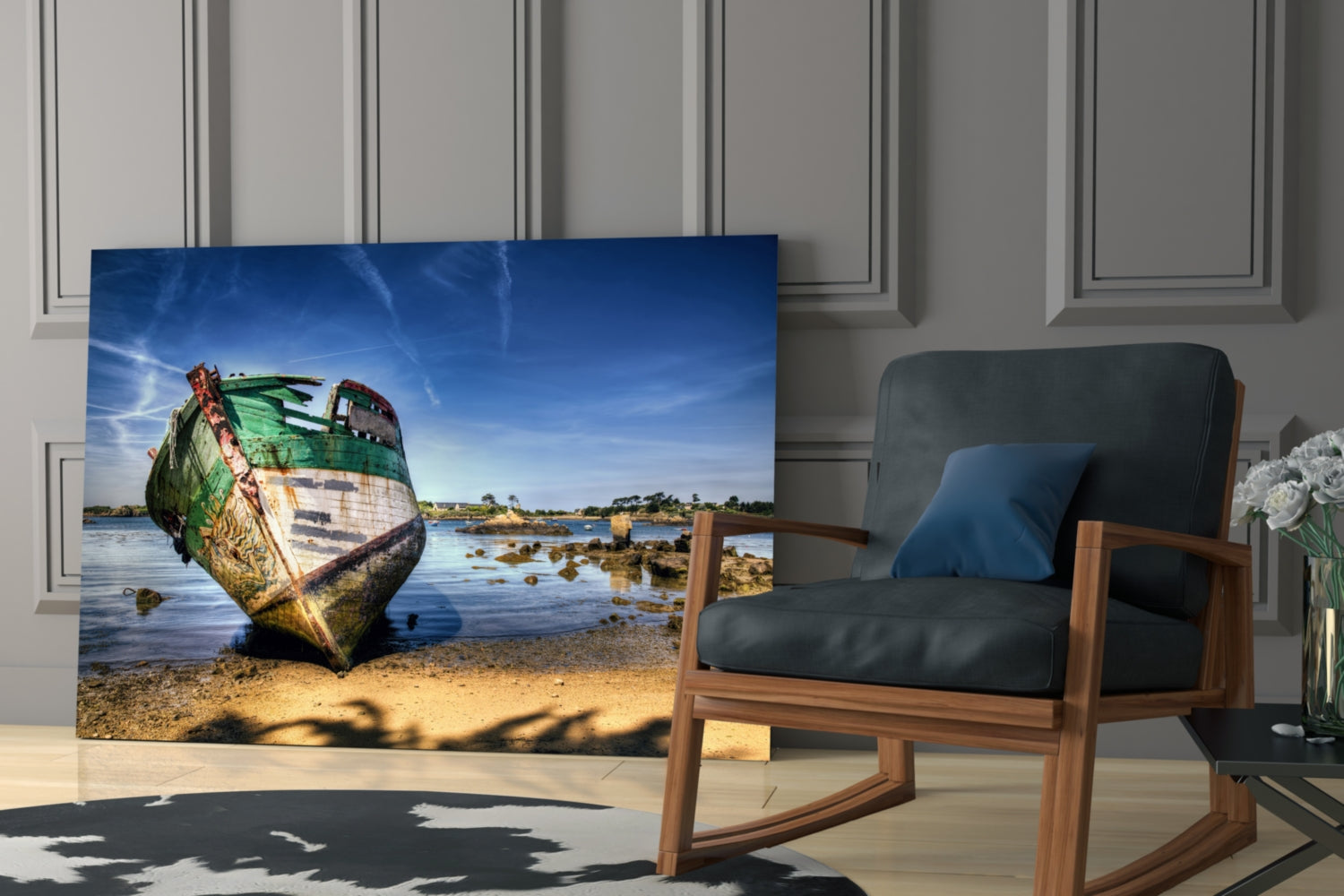 Abandoned Green Boat Blue Sky Glass Wall Art