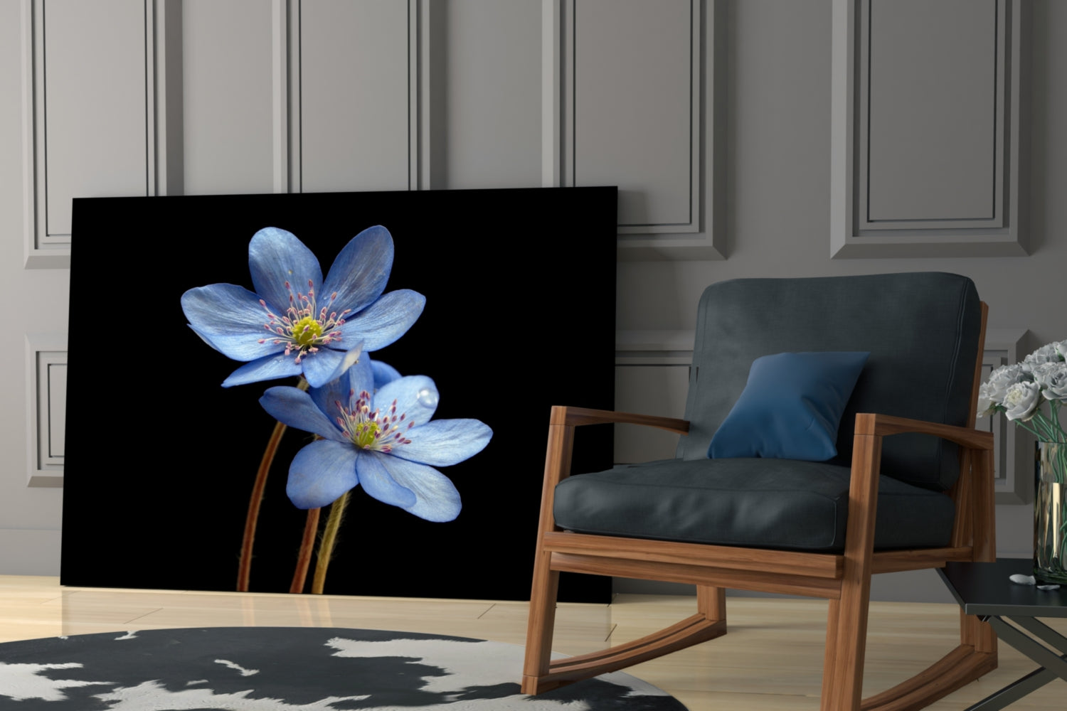 Two Pale Blue Anemones on Black Glass Wall Art