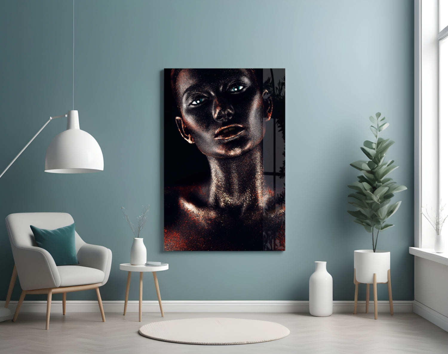 Copper Glitter Blue Eyes Woman Glass Wall Art