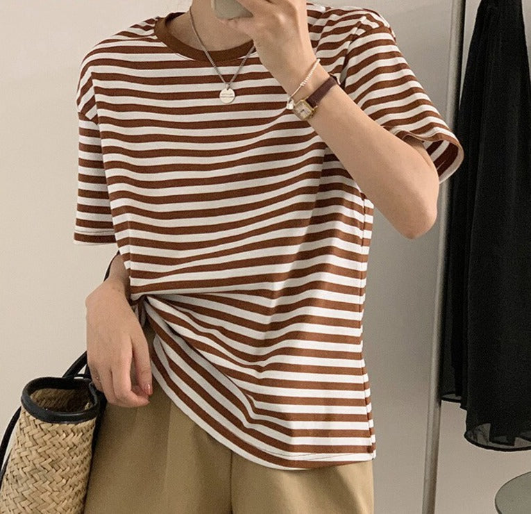 Casual O-neck Women Striped T-shirts Spring Summer Short Sleeve Loose Female Tops