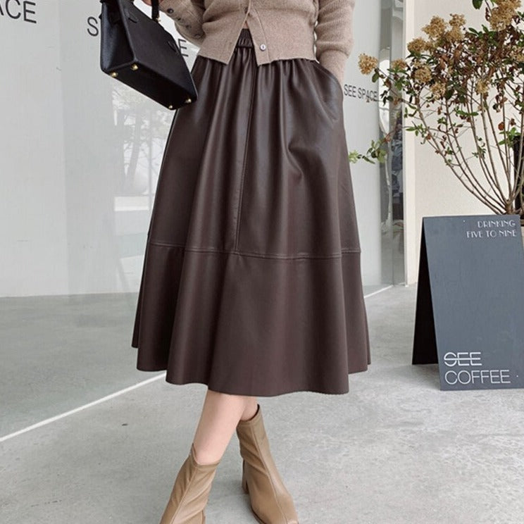 PU Skirts Elastic High Waist Pockets Faux Leather A-line Skirts