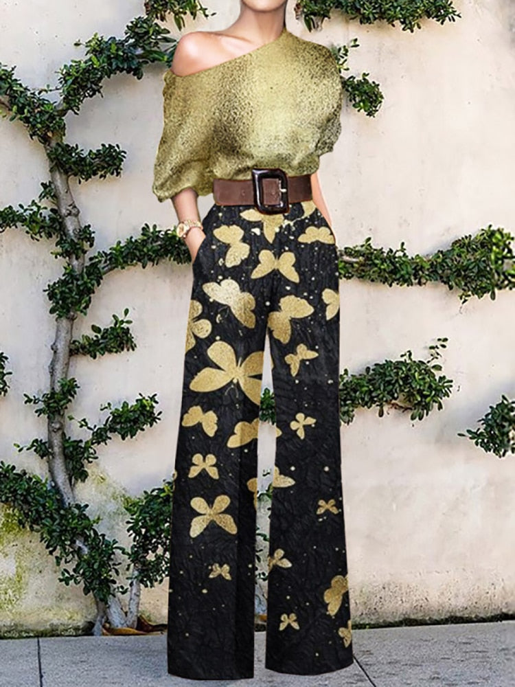 2022 Summer Pattern Print Jumpsuit Off Shoulder Romper Women Wide Leg Pant Playsuit