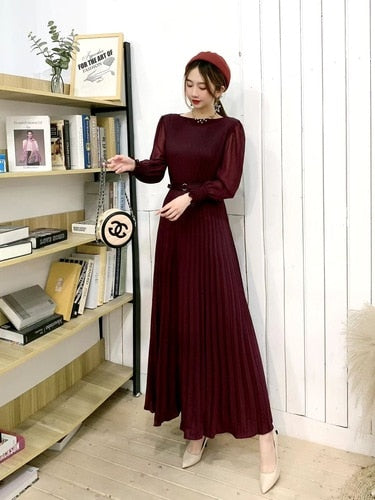 O-neck Long Sleeve A-line Dress Office Lady Pleated Maxi Dress