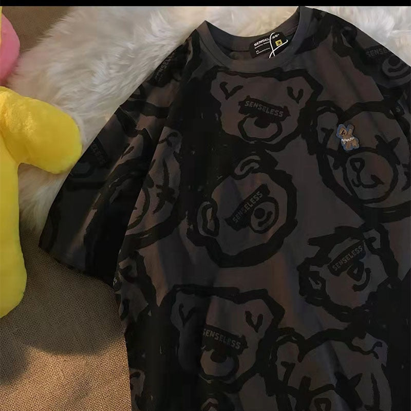 Summer Full Print Cartoon Bear Kawaii Short-Sleeved T-Shirt Loose Harajuku Casual