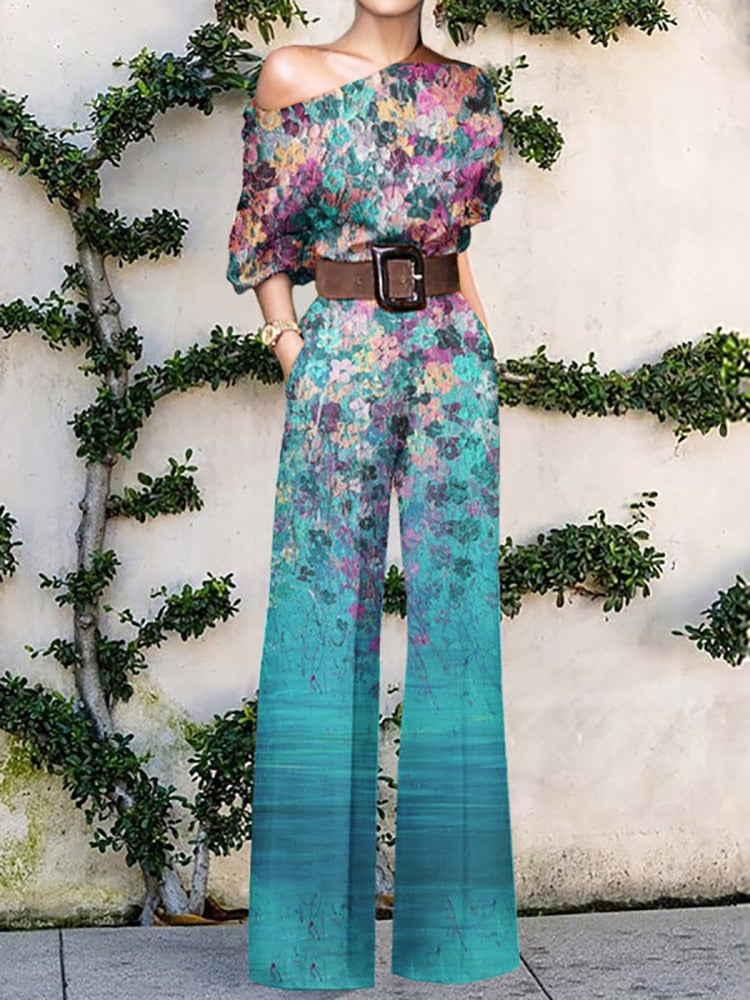 2022 Summer Pattern Print Jumpsuit Off Shoulder Romper Women Wide Leg Pant Playsuit