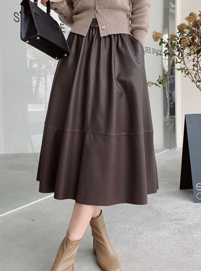 PU Skirts Elastic High Waist Pockets Faux Leather A-line Skirts