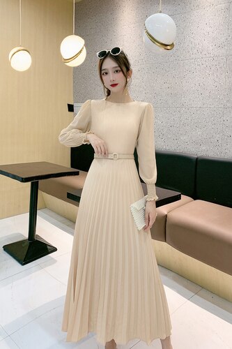 O-neck Long Sleeve A-line Dress Office Lady Pleated Maxi Dress