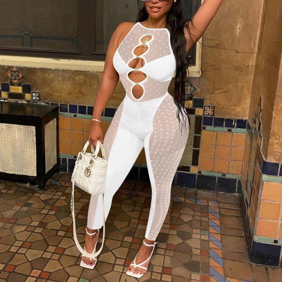 Mesh Women Sleeveless Jumpsuit Skinny Sexy Streetwear Sportswear Long pant Rompers 2022 Summer