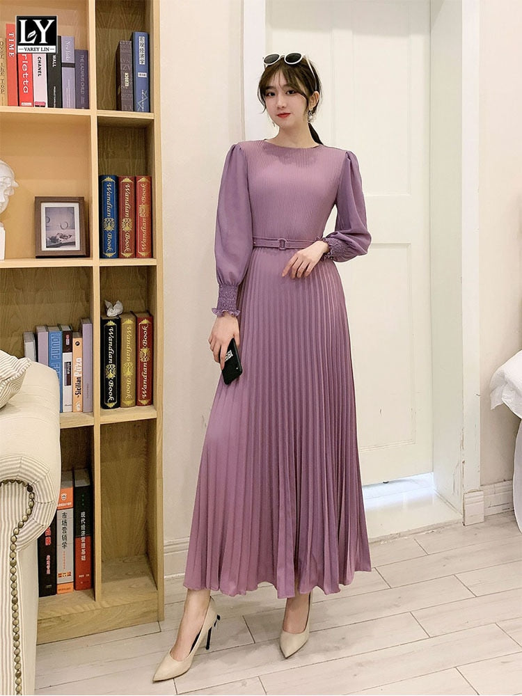 O-neck Long Sleeve A-line Dress Office Lady Pleated Maxi Dress