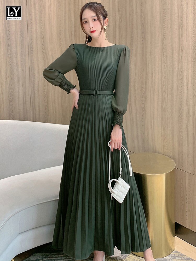 O-neck Long Sleeve A-line Dress Office Lady Pleated Maxi Dress