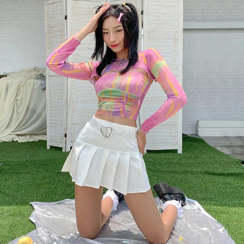 Hollow Bandage T-Shirt Women Sweet Suits Color Pattern Mesh Camisole + Long Sleeve Smock Female