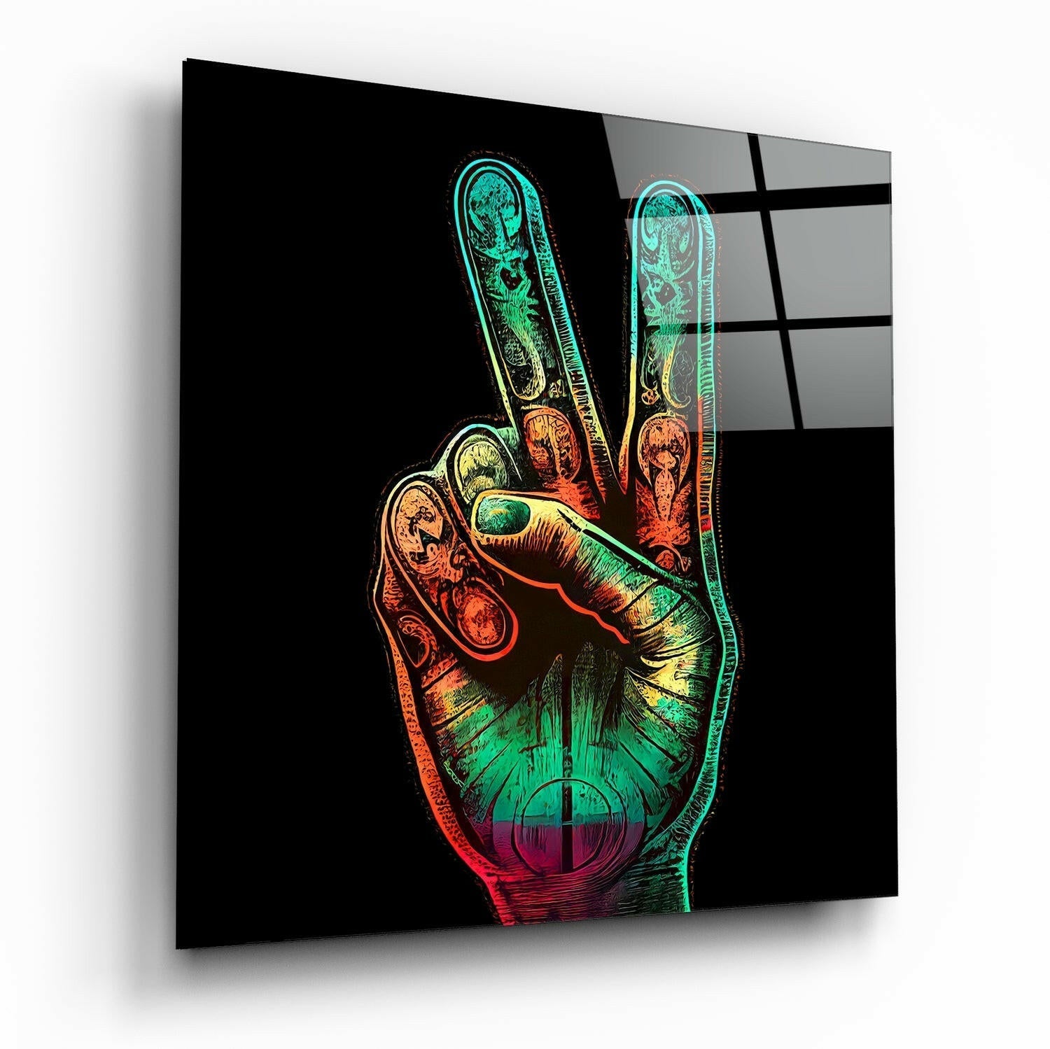 Colorful Peace Fingers Hand Sign Glass Wall Art