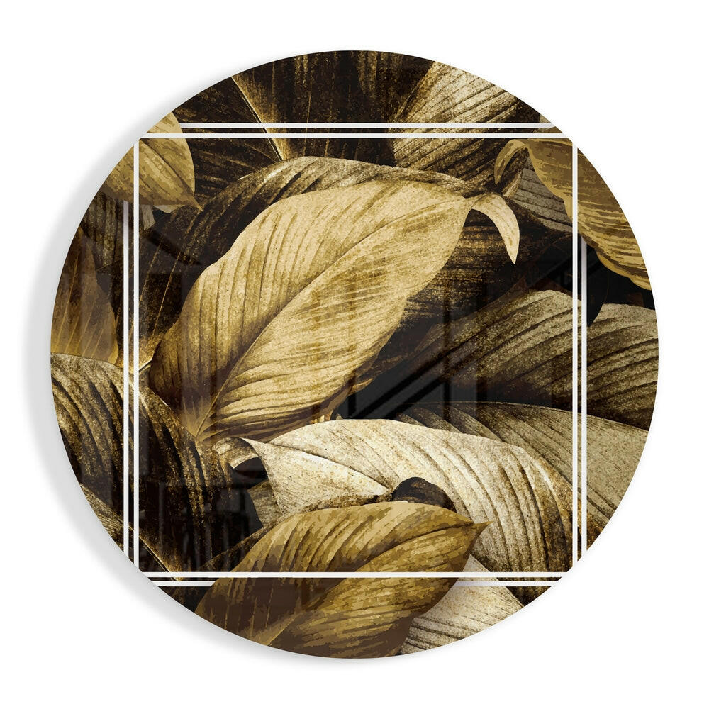 Golden Sepia Leaves Circle Glass Wall Art