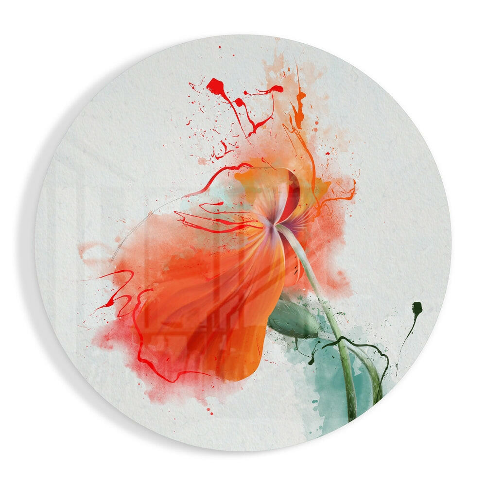 Round Orange Poppy Paint Splash Glass Wall Art