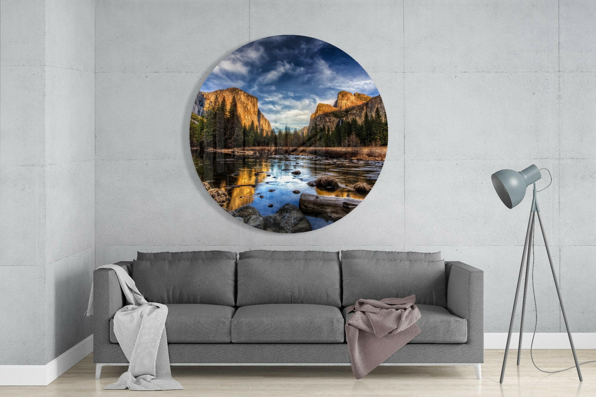 Golden Cliffs Reflected in River Valley Glass Wall Art