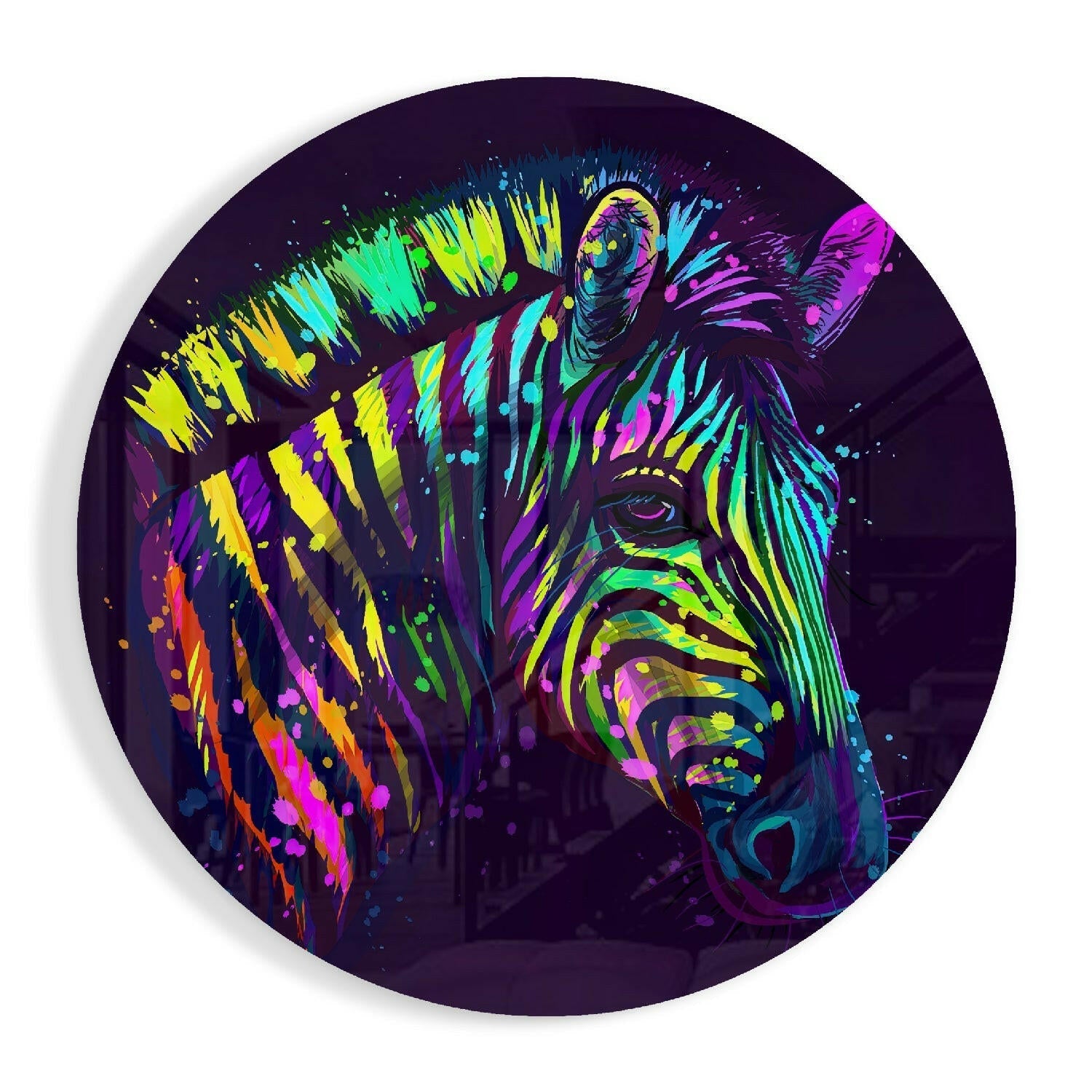 Round Rainbow Zebra Paint Drips Glass Wall Art