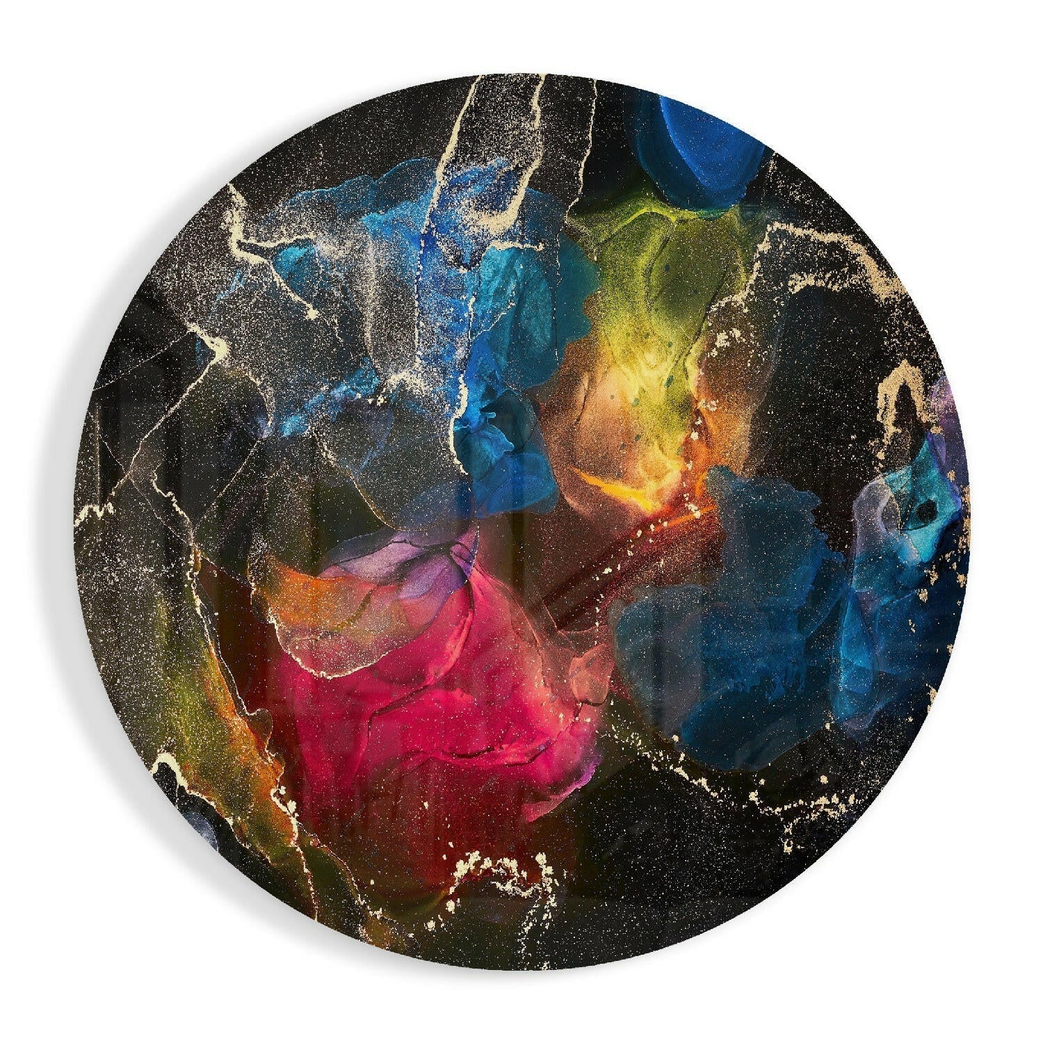 Jewel Ink Bloom Black Round Glass Wall Art