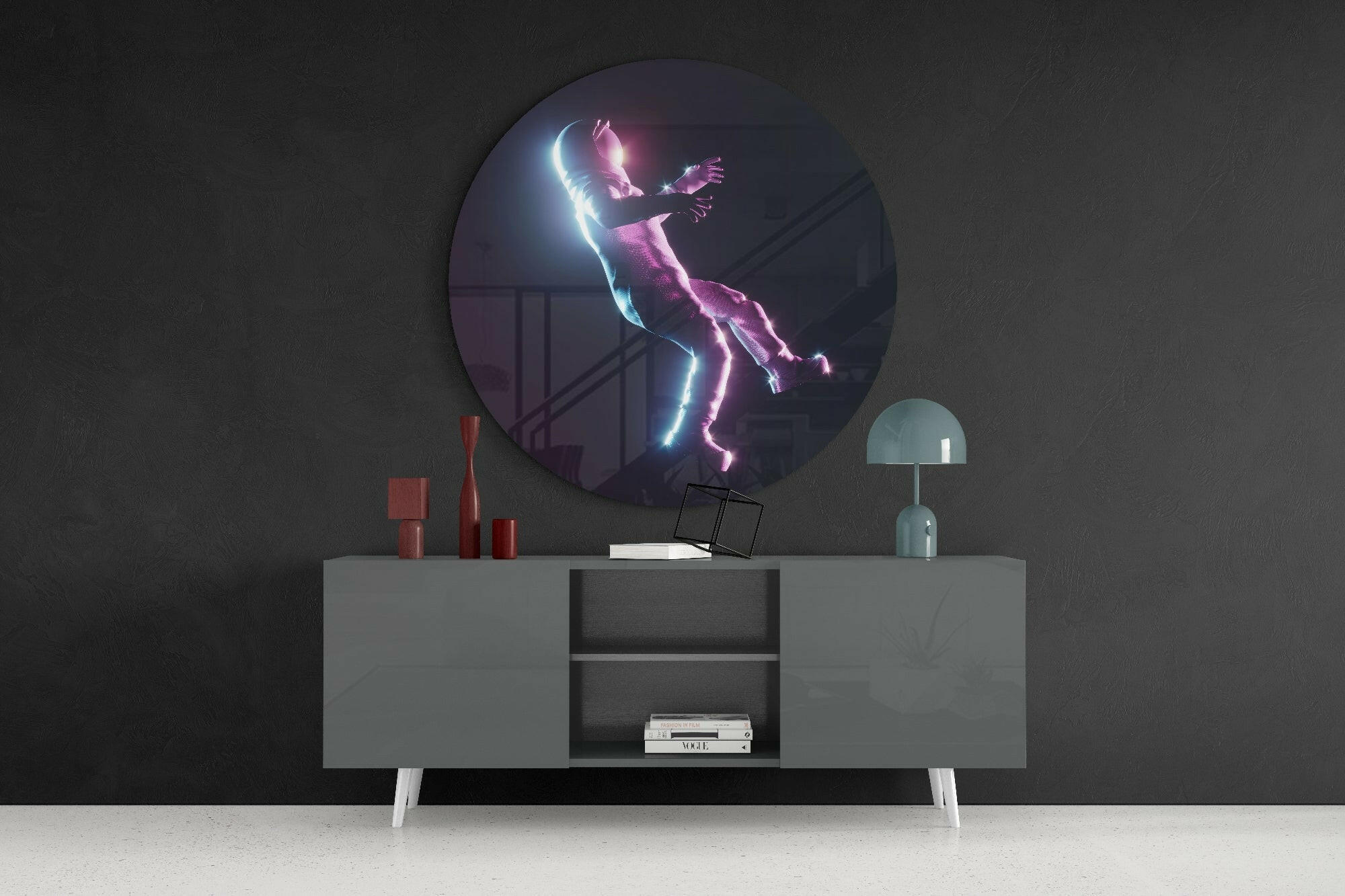 Neon Glow Falling Figure Glass Wall Art