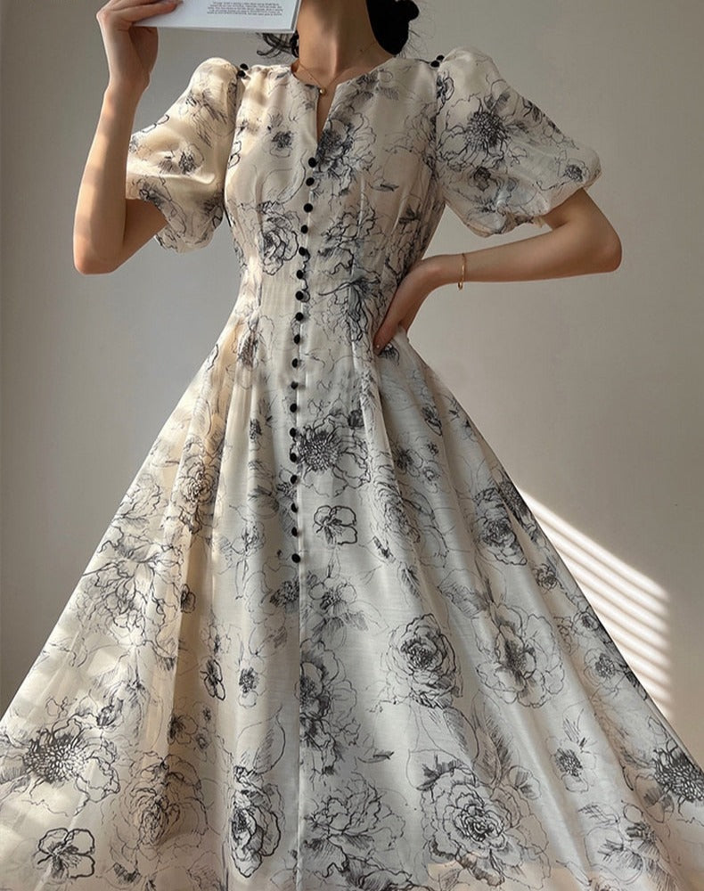 Vintage O-neck Single-breasted Summer Puff Sleeve Slim Women A-line Dress vestidos femme