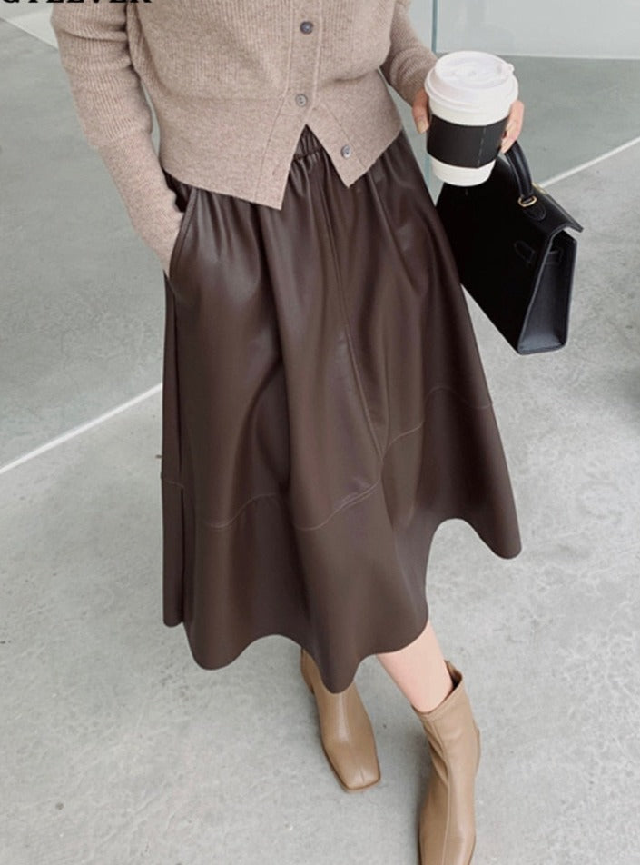 PU Skirts Elastic High Waist Pockets Faux Leather A-line Skirts