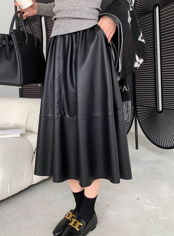 PU Skirts Elastic High Waist Pockets Faux Leather A-line Skirts