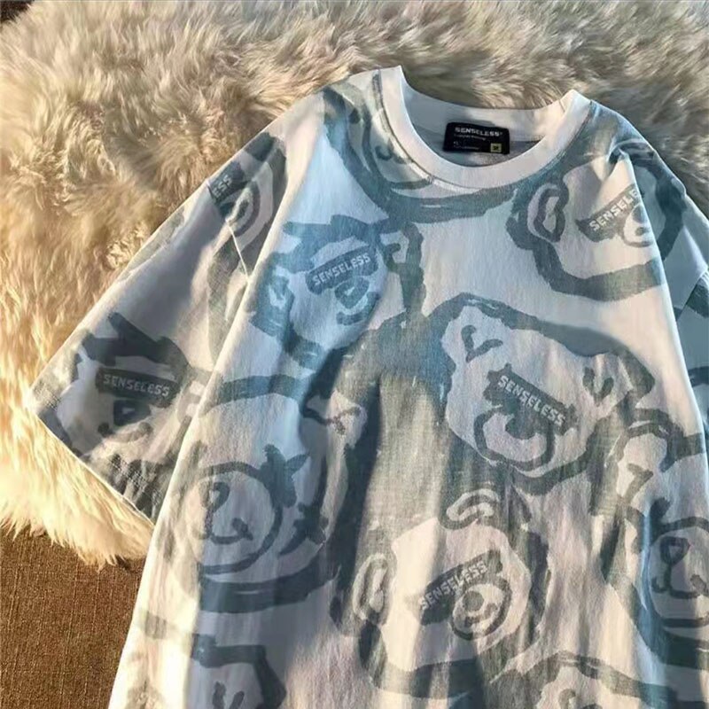 Summer Full Print Cartoon Bear Kawaii Short-Sleeved T-Shirt Loose Harajuku Casual