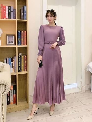 O-neck Long Sleeve A-line Dress Office Lady Pleated Maxi Dress