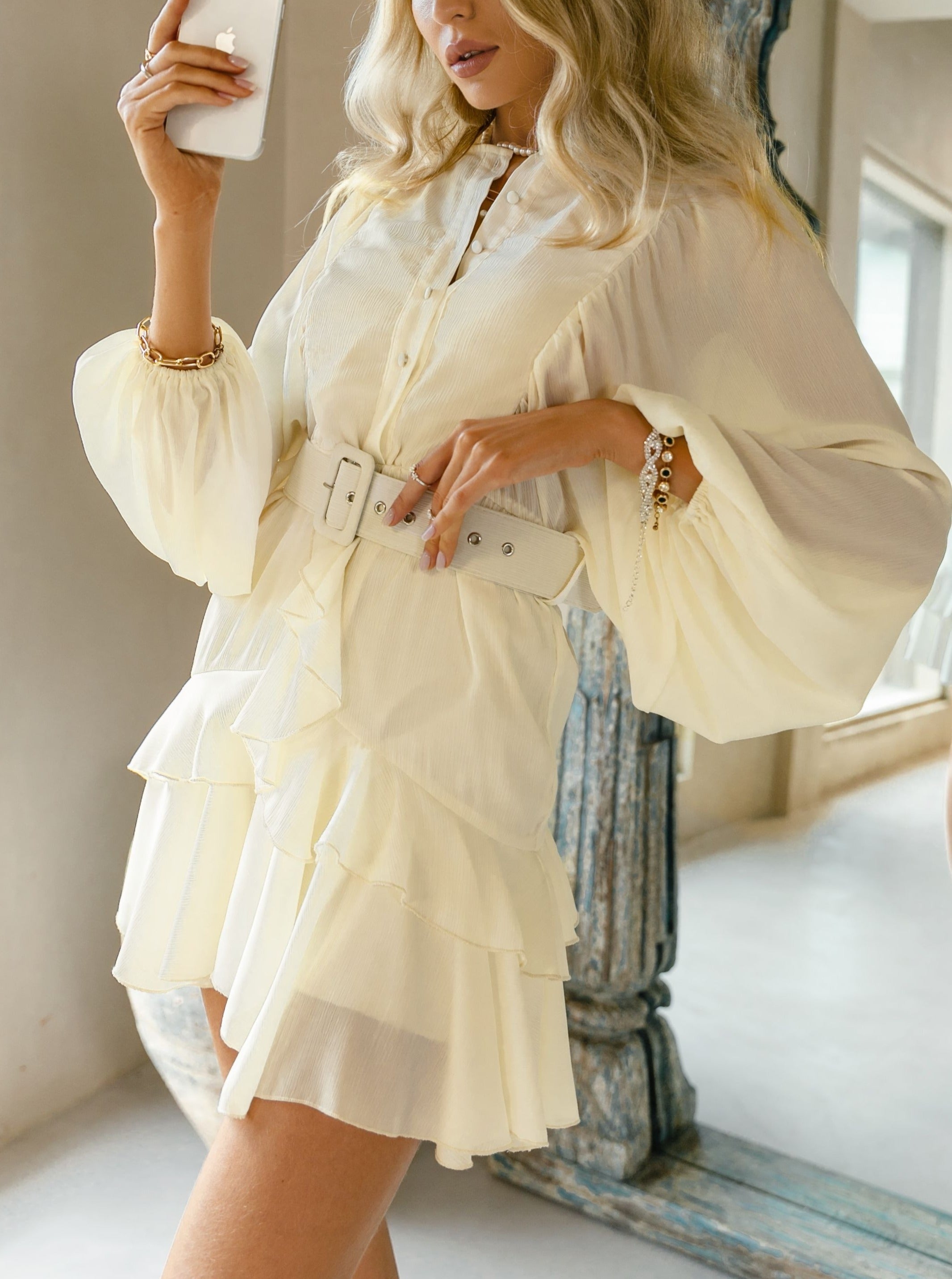 Belt plaid batwing long sleeve women dress summer Office ruffle shirt mini A-line dress