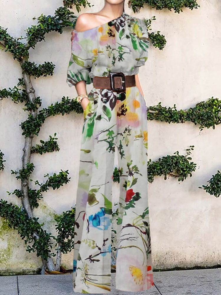 2022 Summer Pattern Print Jumpsuit Off Shoulder Romper Women Wide Leg Pant Playsuit