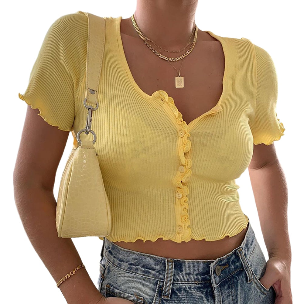 Women clothes Ladies Button Square Neck Tops Short Sleeve square collar pullover T-shirts