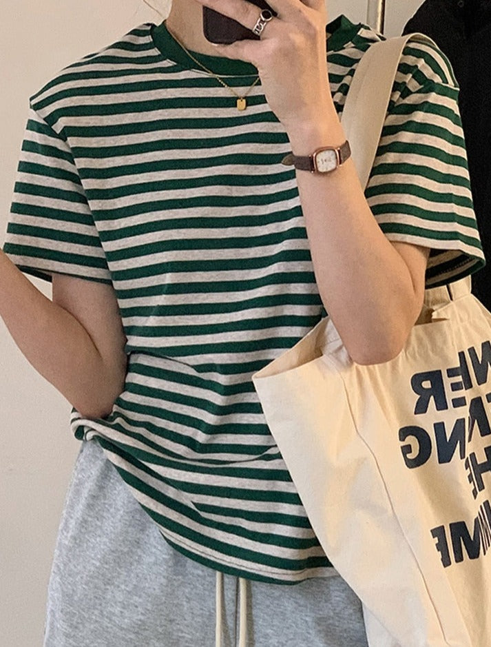 Casual O-neck Women Striped T-shirts Spring Summer Short Sleeve Loose Female Tops