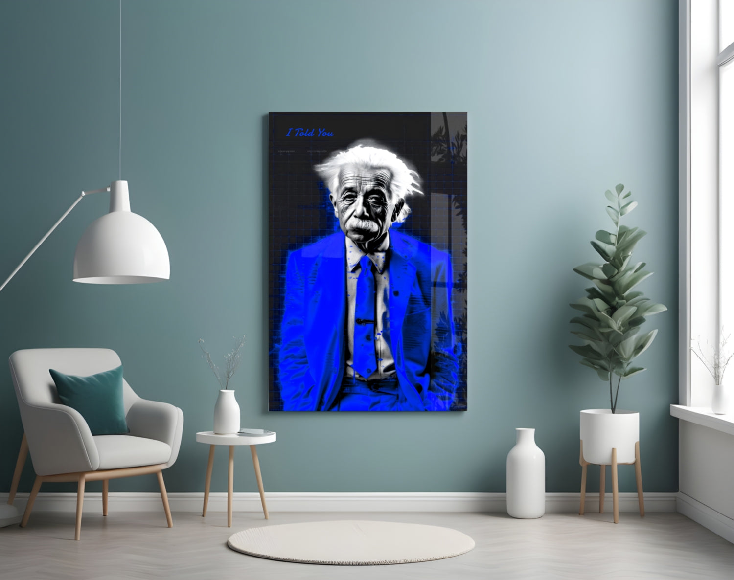 Electric Blue Suit Physicist Glass Wall Art