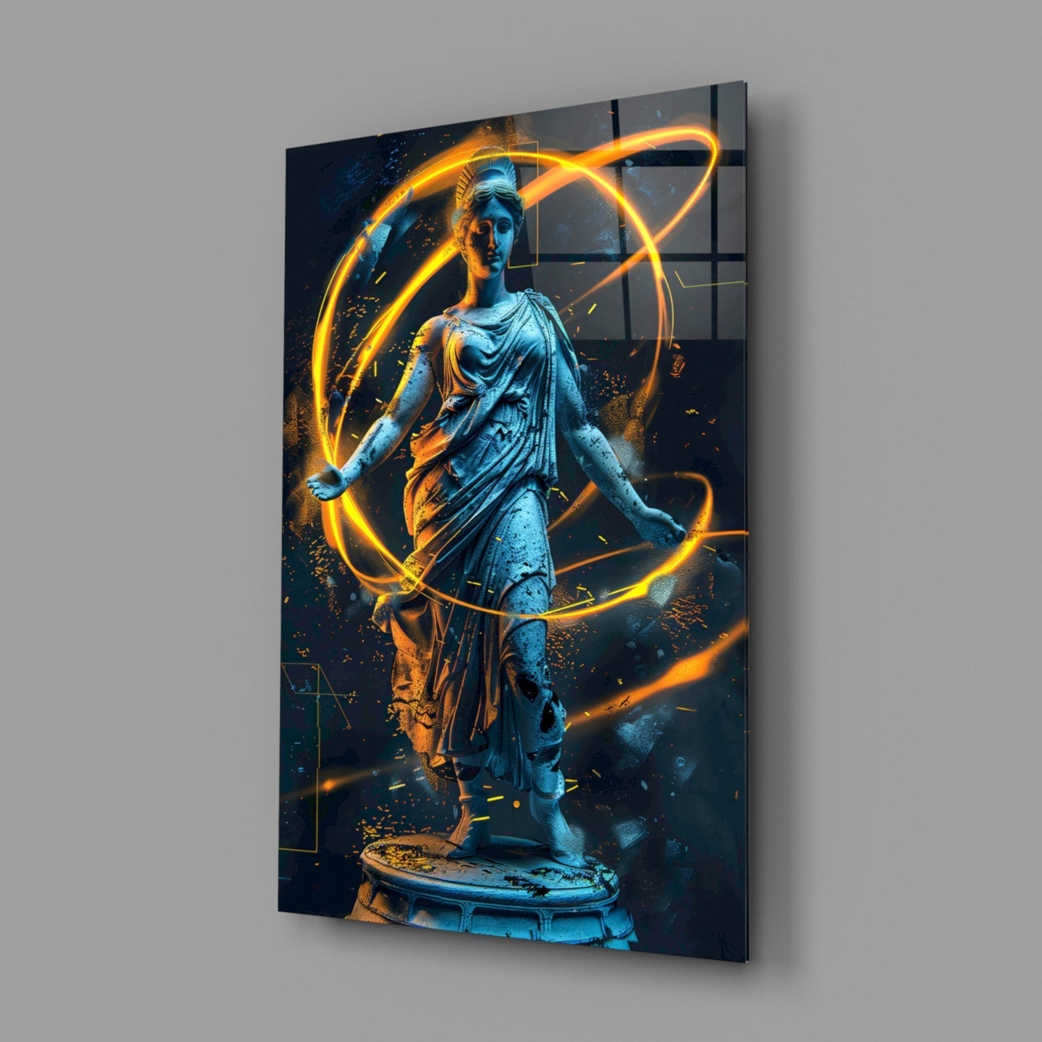 Blue Goddess Statue Gold Neon Rings Glass Wall Art