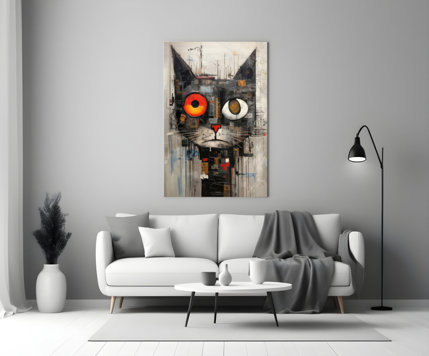 Quirky Mismatched Eye Cat Glass Wall Art