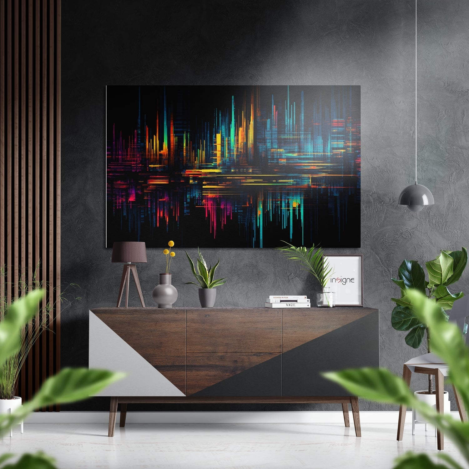 Neon Glitch City Skyline Bars Brushed Aluminum Dibond Wall Art