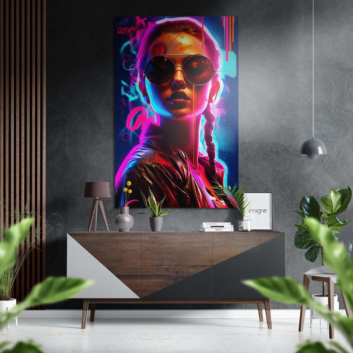Cyberpunk Braid Neon Woman Brushed Aluminum Dibond Wall Art