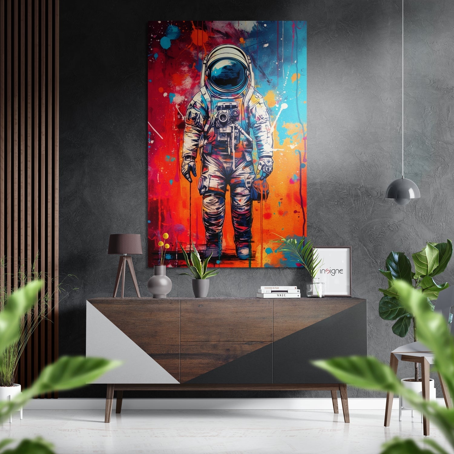 Red and Blue Spray Paint Astronaut Brushed Aluminum Dibond Wall Art