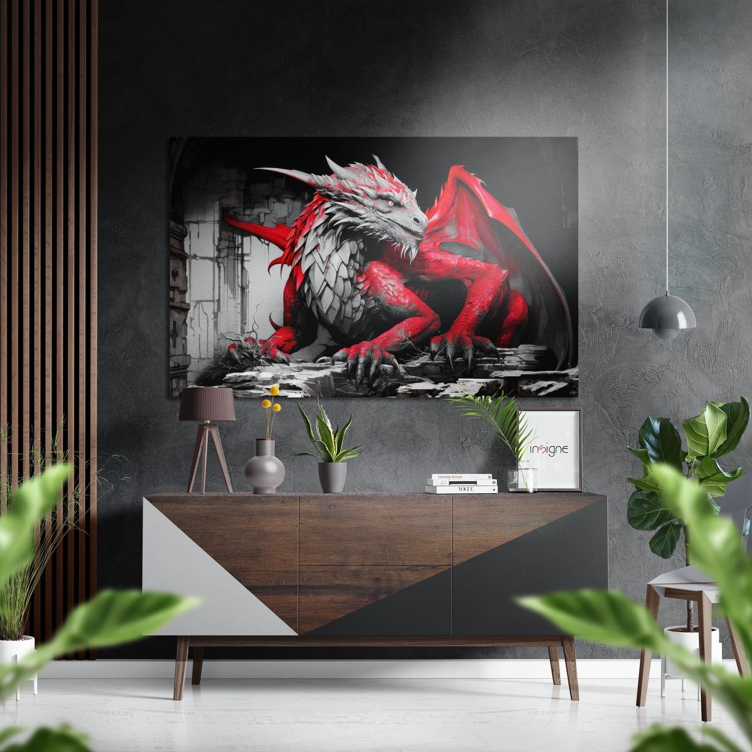 Crimson Grey Dragon On Stone Ruins Brushed Aluminum Dibond Wall Art