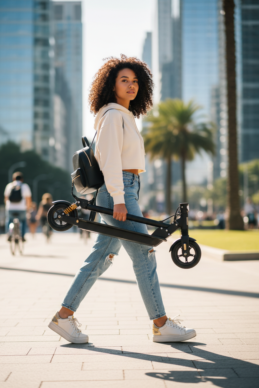 FlipStylez IDEIGITOD Black Foldable Electric Scooter | 24V Lithium Battery, Gold Spring Suspension, LED Headlight, Kids & Adults E-Scooter