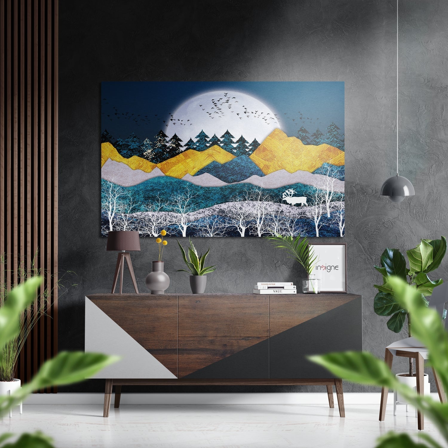 Gold Mountains Full Moon Birches Brushed Aluminium Dibond Wall Art