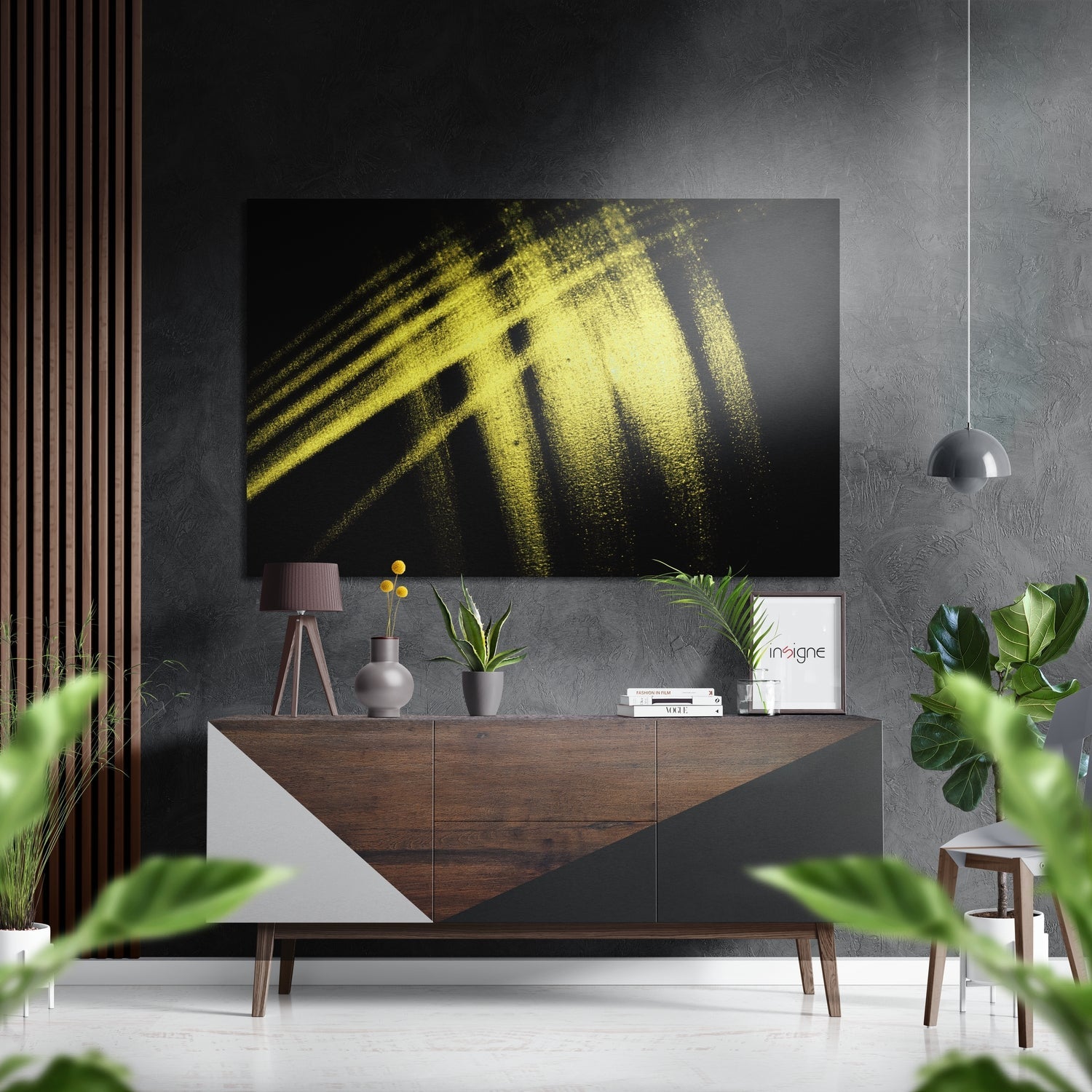 Yellow Brushstroke on Black Brushed Aluminium Dibond Wall Art